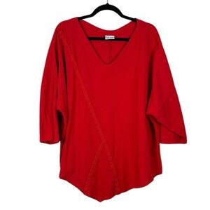 Oh My Gauze! Casual Cotton 3/4 Sleeve V Neck Asymmetric Hem Top Large Red